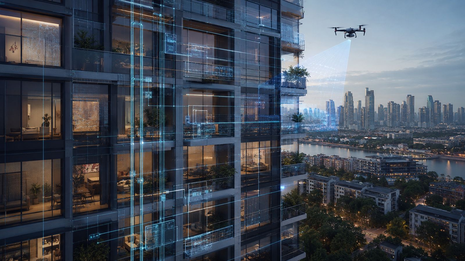 An inspection drone sweeping the facade of a residential high-rise at dusk, city skyline behind