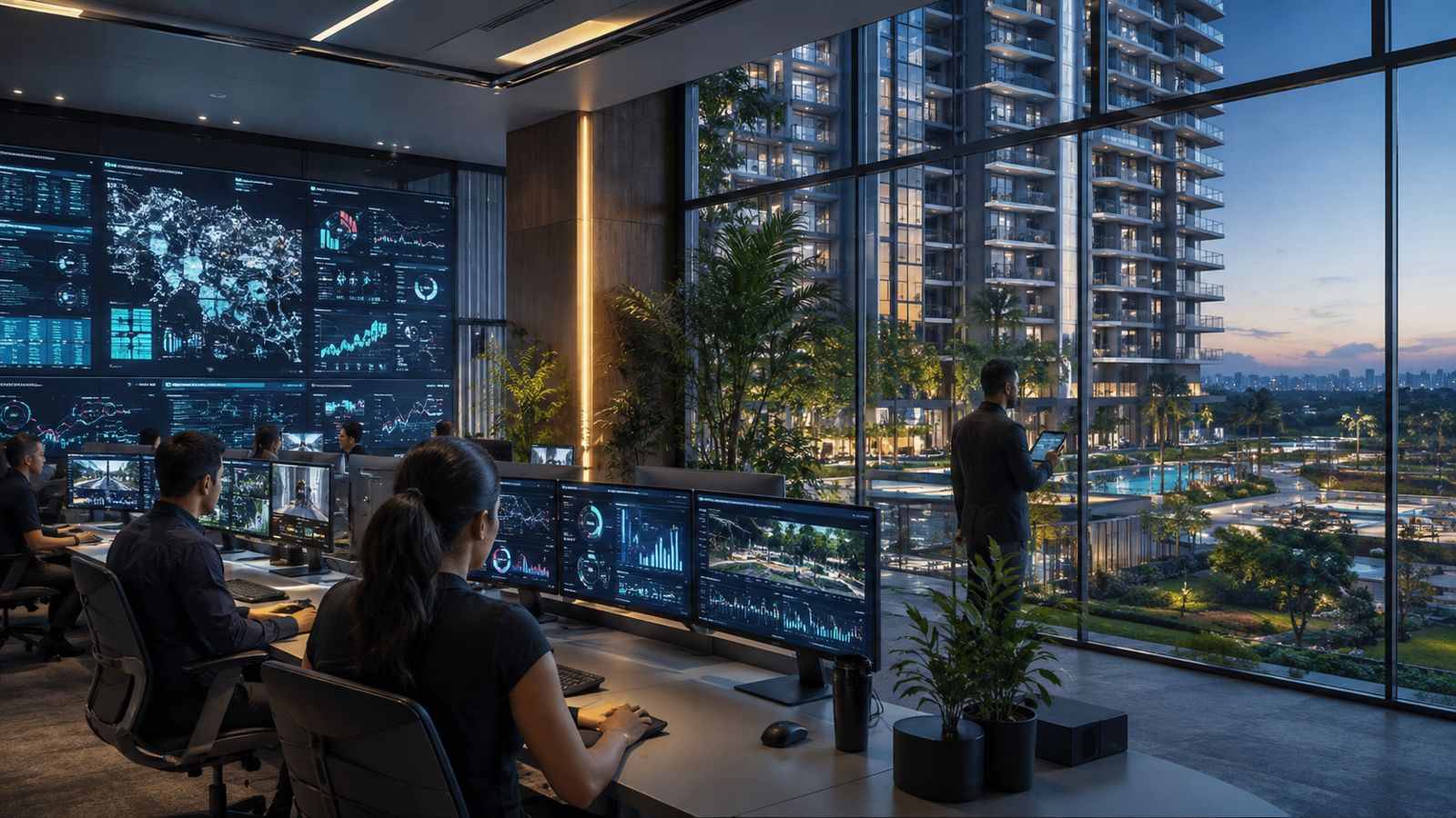 A modern operations center at dusk, analysts working across live city dashboards with a skyline beyond the glass